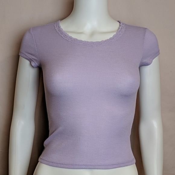 Rue21 Light Purple Short Sleeve Lace Trim Scoop Neck Ribbed Crop Top - Picture 1 of 11
